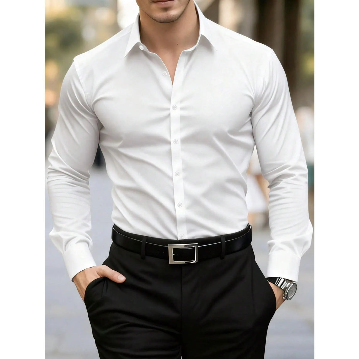 KZZ Men's solid color long-sleeved formal casual business shirt