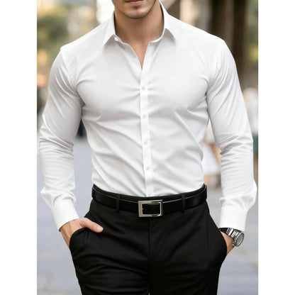 KZZ Men's solid color long-sleeved formal casual business shirt