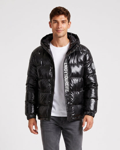 KZZ Men's Letter-Print Color-Block Drawstring Hooded Winter Jacket