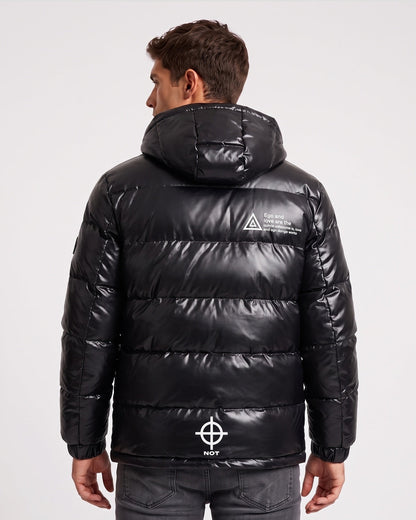 KZZ Men's Letter-Print Color-Block Drawstring Hooded Winter Jacket