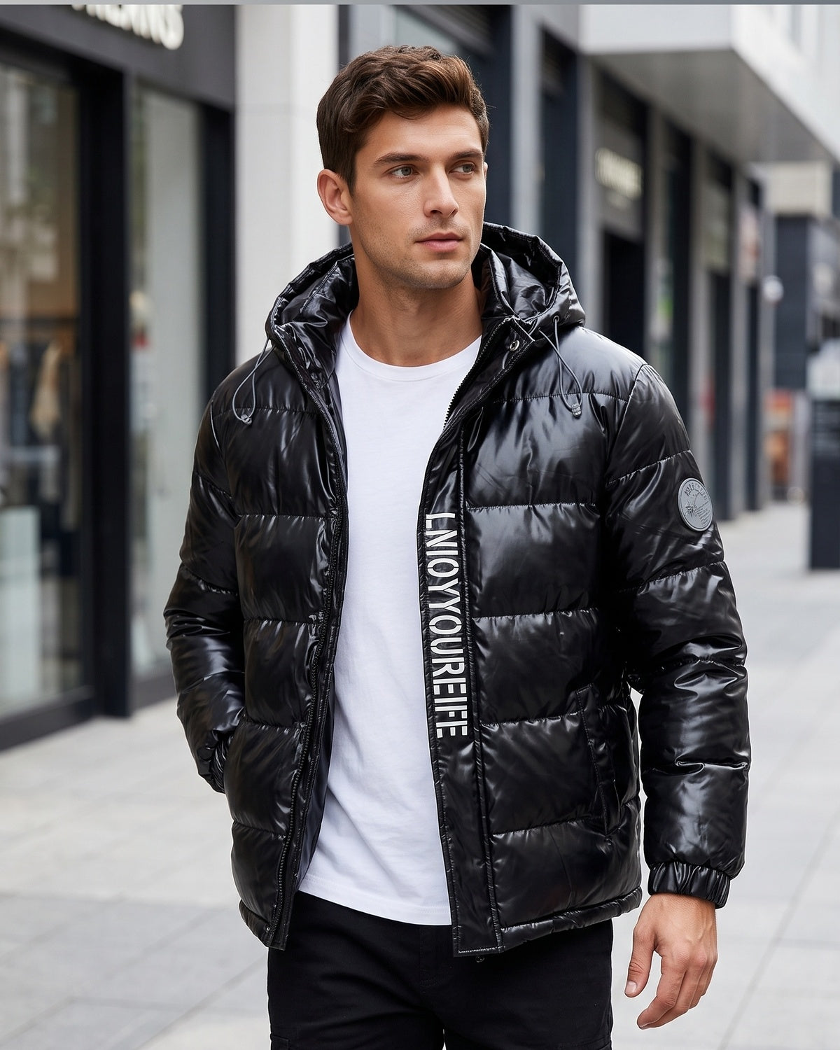 KZZ Men's Letter-Print Color-Block Drawstring Hooded Winter Jacket