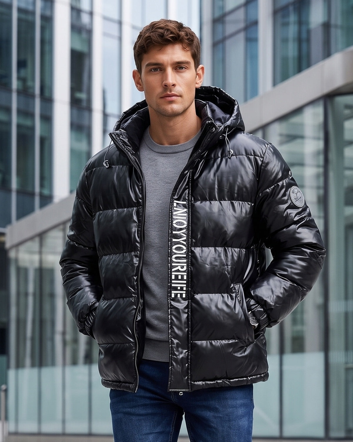 KZZ Men's Letter-Print Color-Block Drawstring Hooded Winter Jacket