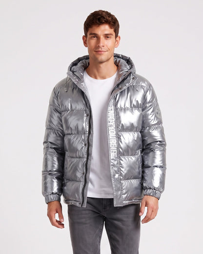 KZZ Men's Letter-Print Color-Block Drawstring Hooded Winter Jacket