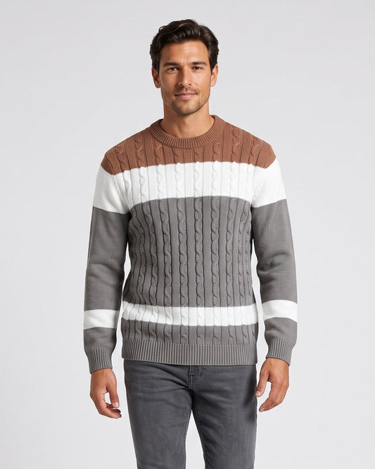 KZZ Men's Color-Block Crew-Neck Knit Sweater