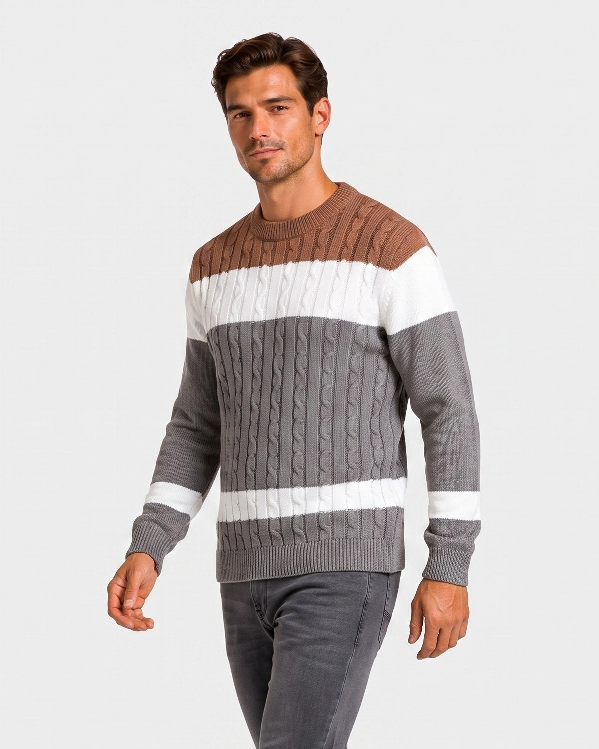 KZZ Men's Color-Block Crew-Neck Knit Sweater