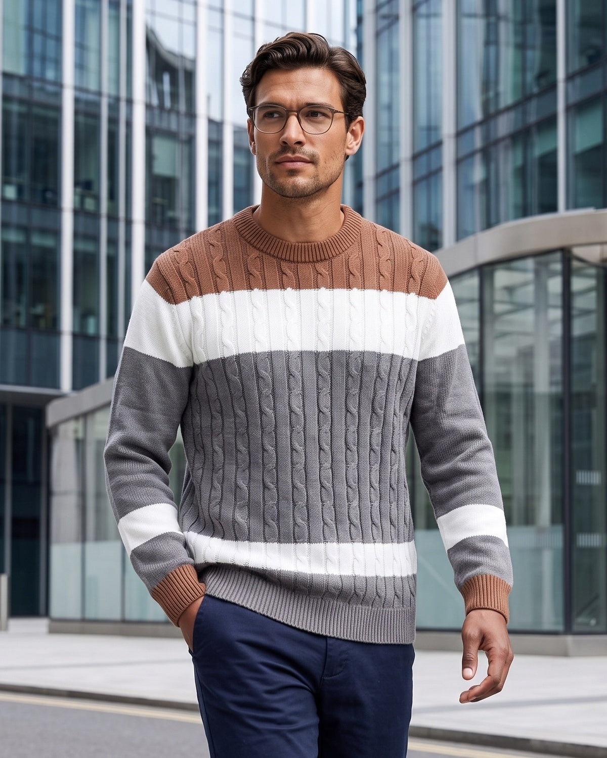 KZZ Men's Color-Block Crew-Neck Knit Sweater