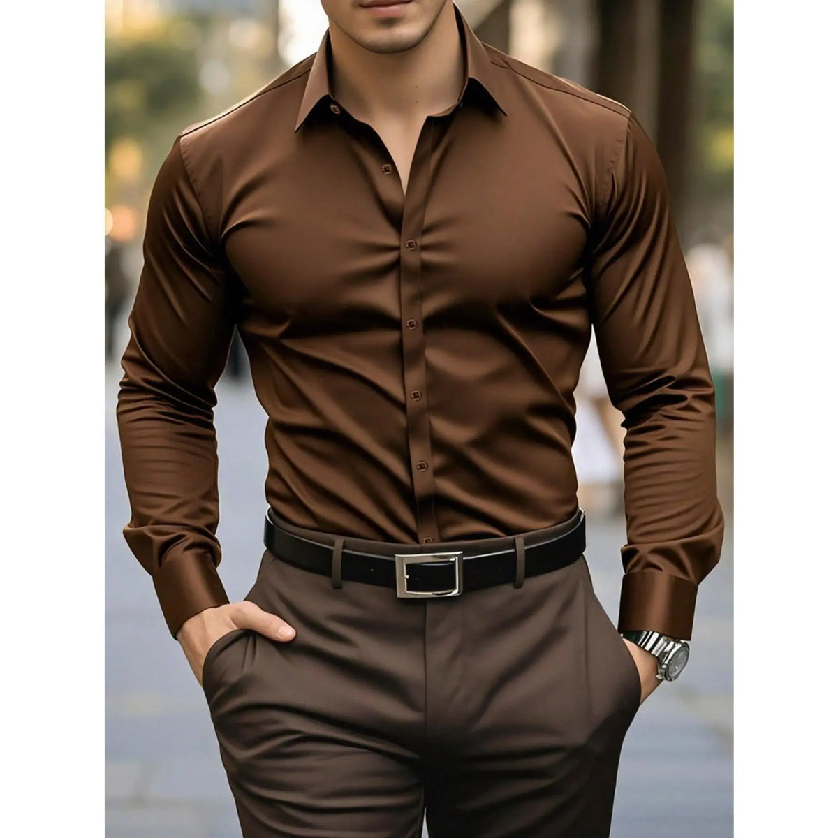 KZZ Men's solid color long-sleeved formal casual business shirt