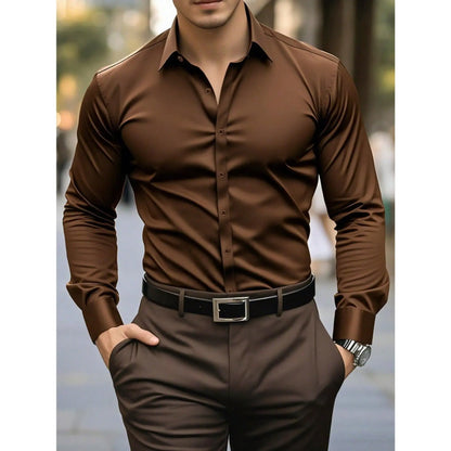 KZZ Men's solid color long-sleeved formal casual business shirt