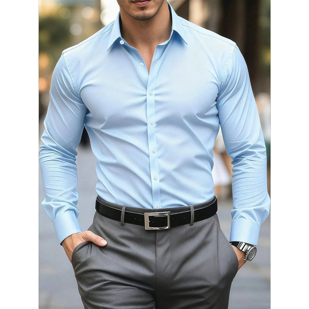 KZZ Men's solid color long-sleeved formal casual business shirt