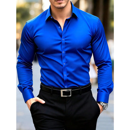 KZZ Men's solid color long-sleeved formal casual business shirt