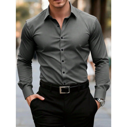 KZZ Men's solid color long-sleeved formal casual business shirt