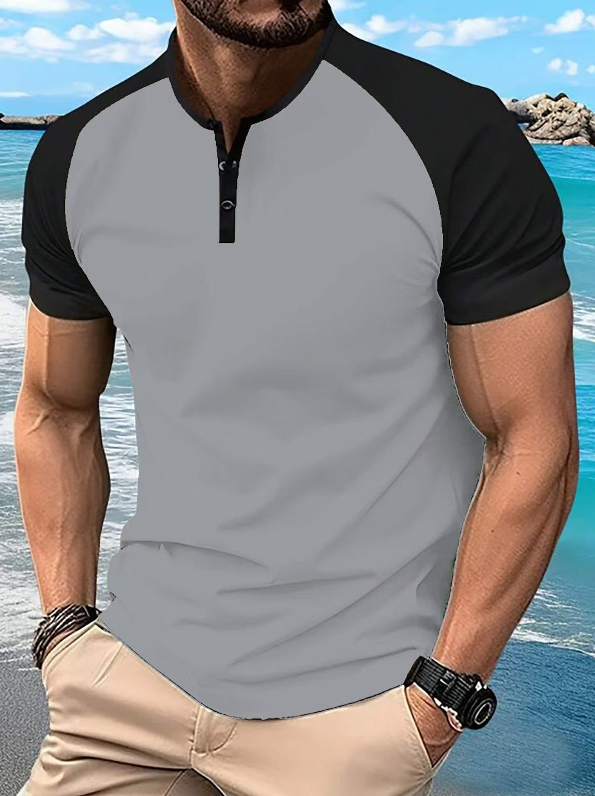 KZZ  Men's button-down Henley collar sports polo shirt