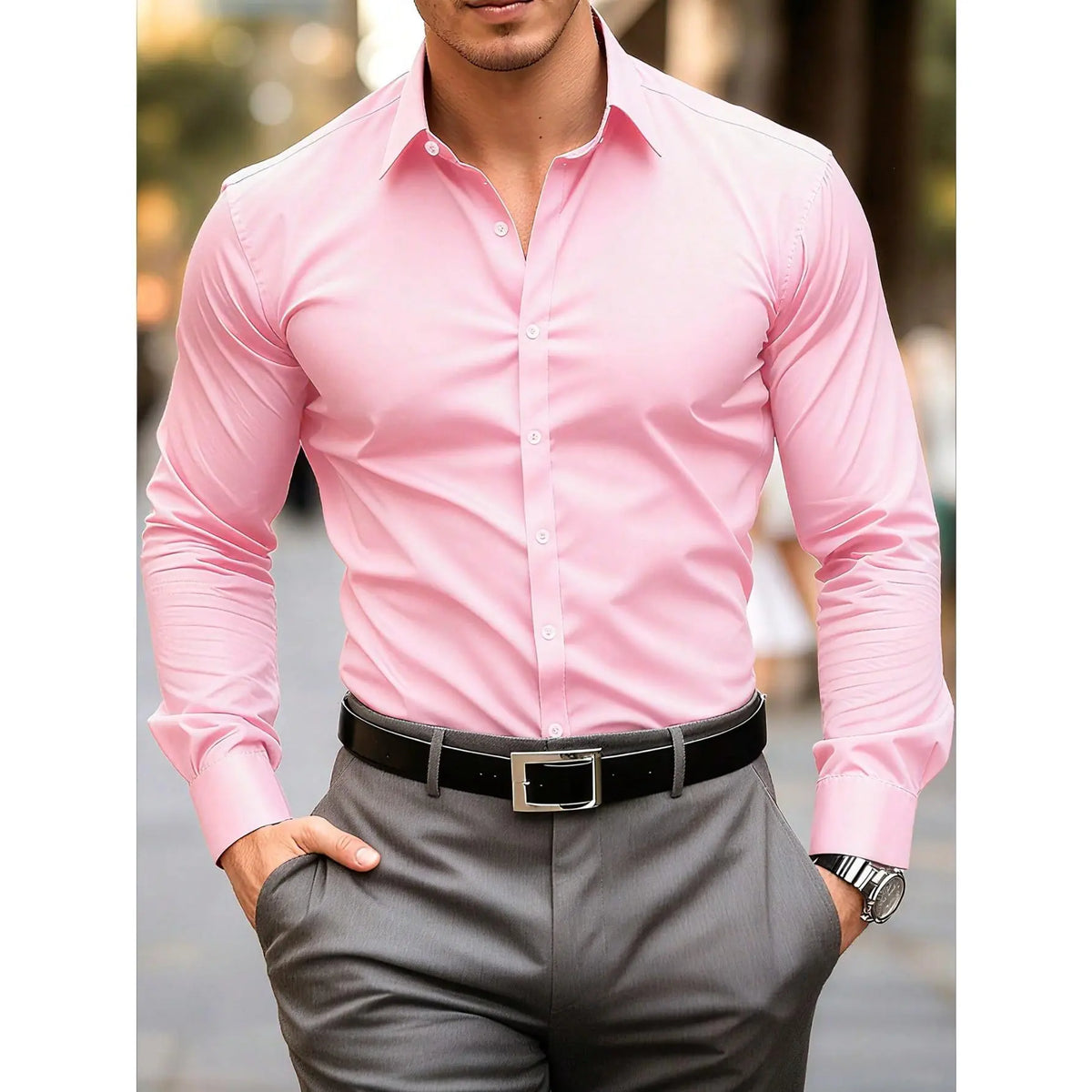 KZZ Men's solid color long-sleeved formal casual business shirt