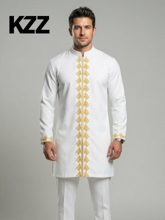KZZ  Long-Sleeve Embroidered Stand-Collar Shirt and Casual Trousers