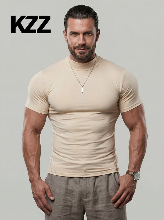 KZZ  Solid Color High Neck Tight-Fitting Short Sleeve T-Shirt